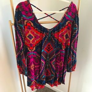 Billabong Pink Blue Geometric Dress Cross Cross Back Medium Bohemian Festival
